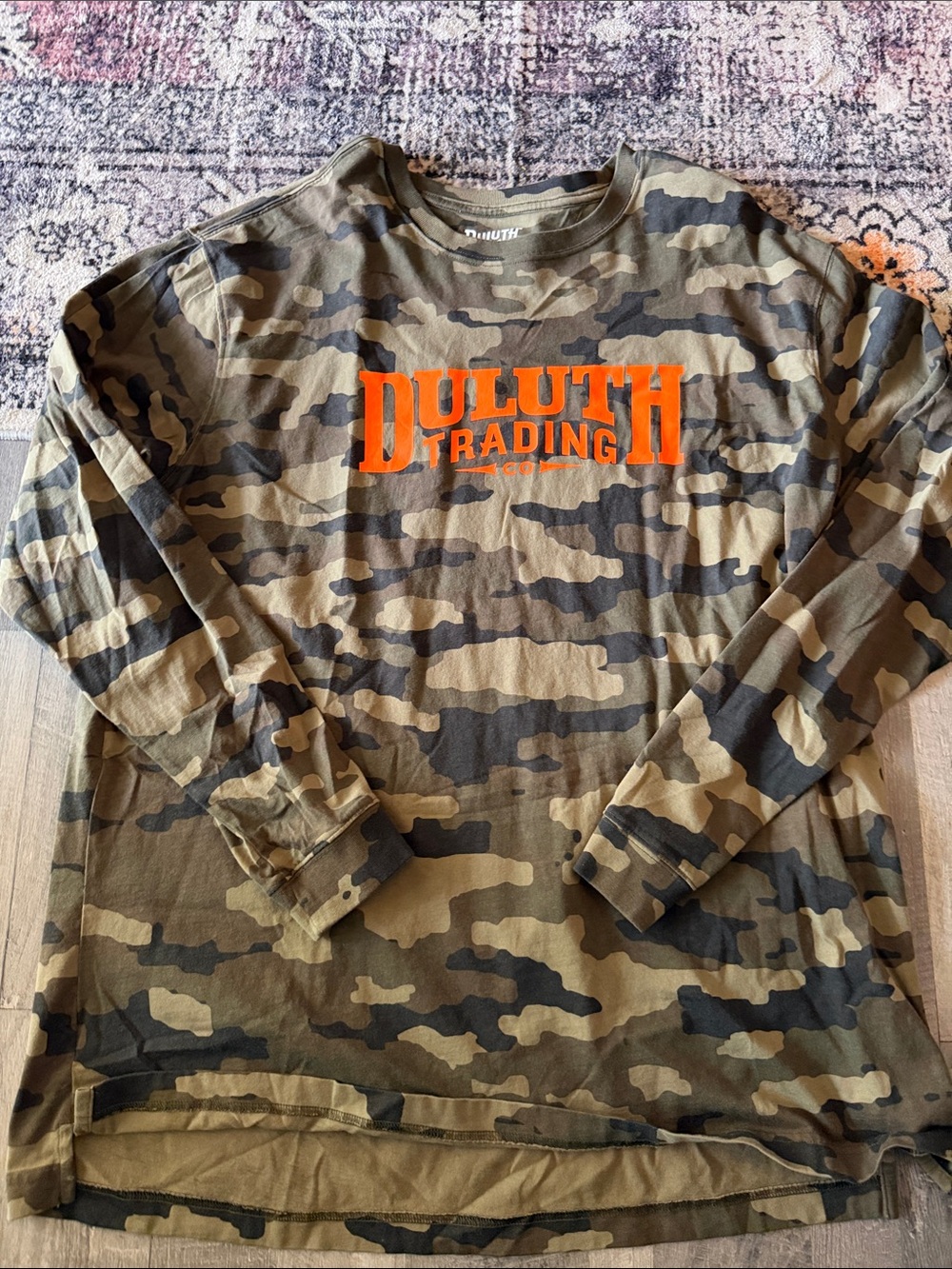 Duluth Trading Co Olive and Dark Camo Long Sleeve Tee with Orange Logo